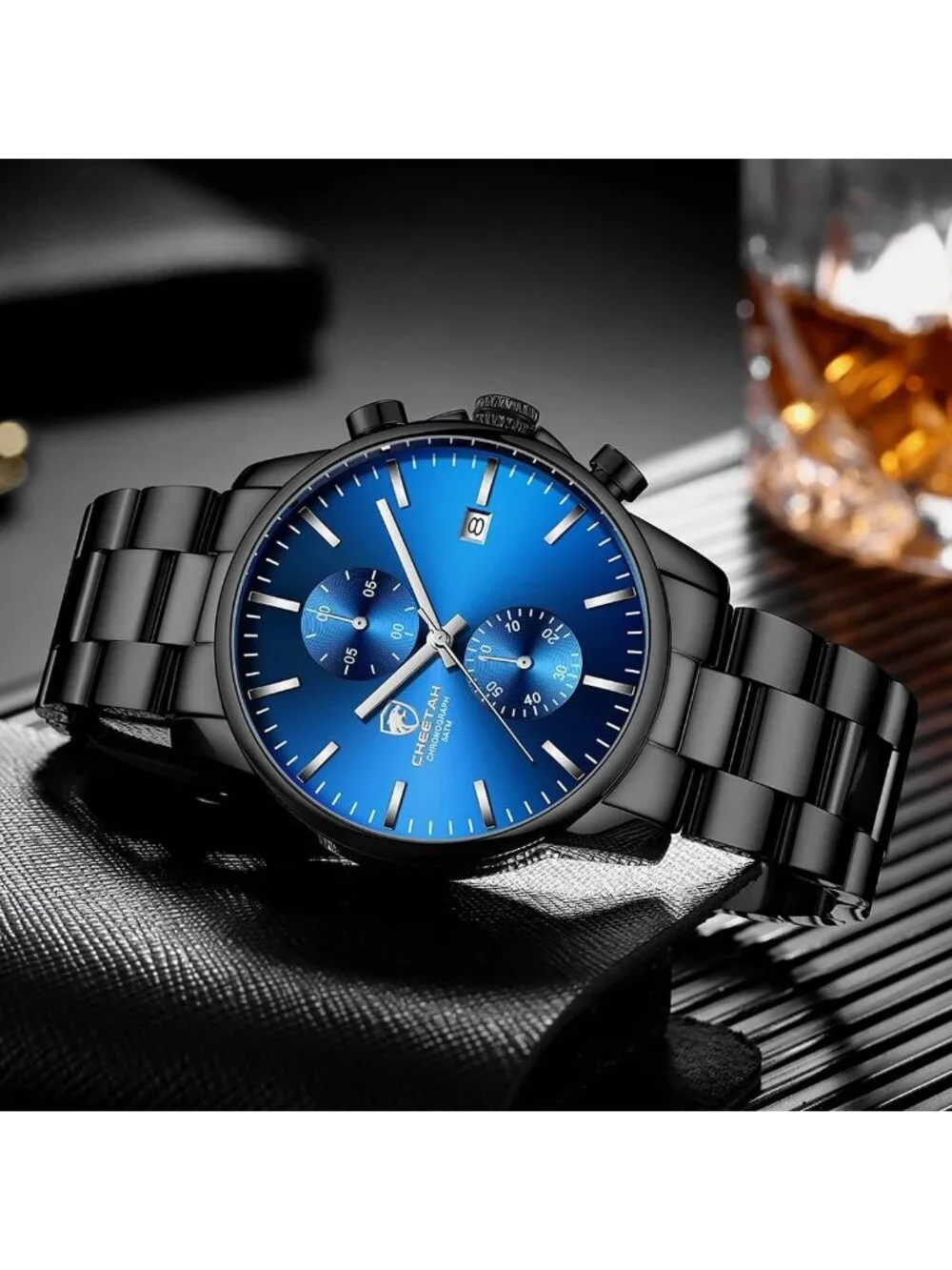 Men's Black And Blue Face Stainless Steel Waterproof Chronograph Quartz Watch